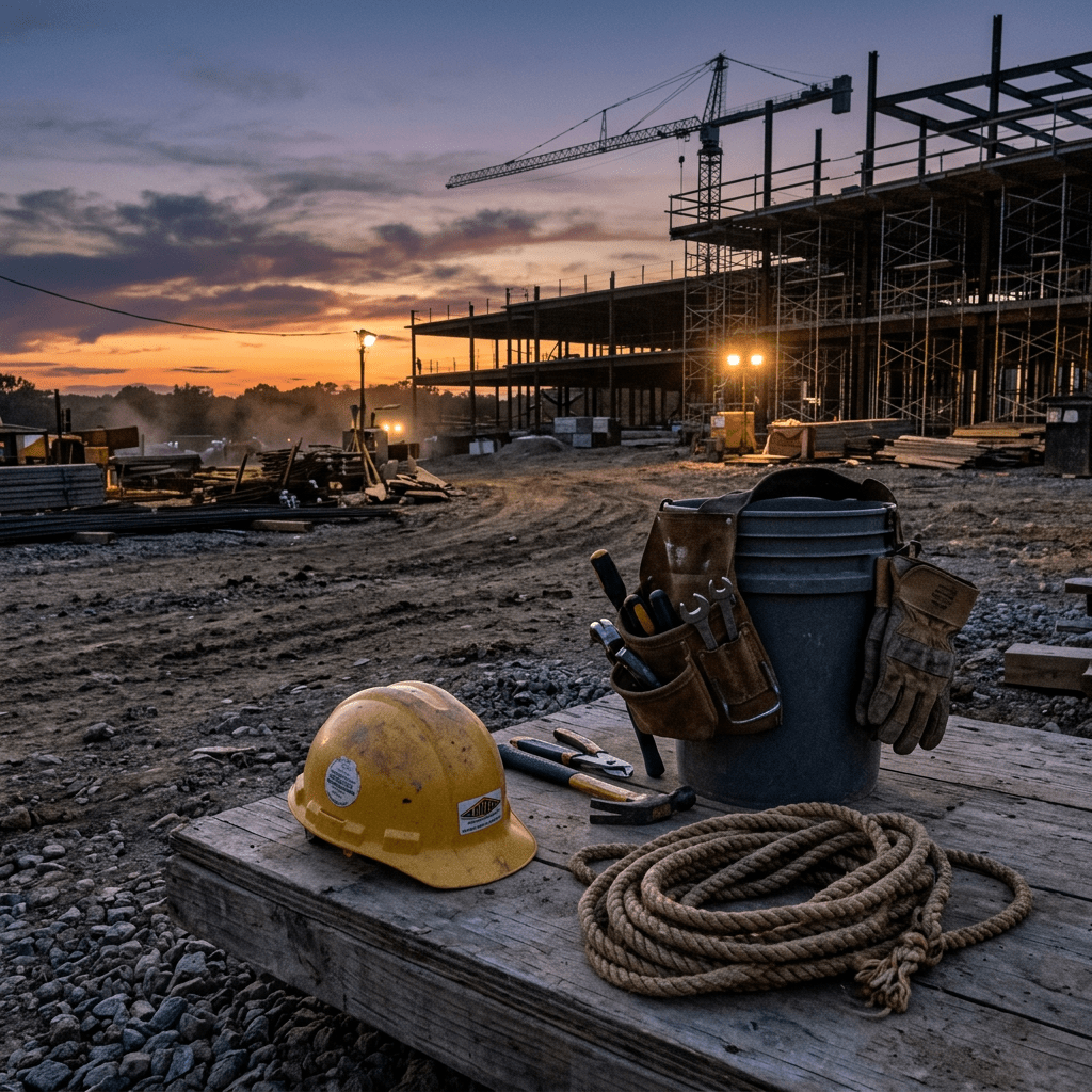 Yellow hard hat, rope, gloves, and tool belt with tools on wooden platform at construction site with scaffolding and crane at sunset
